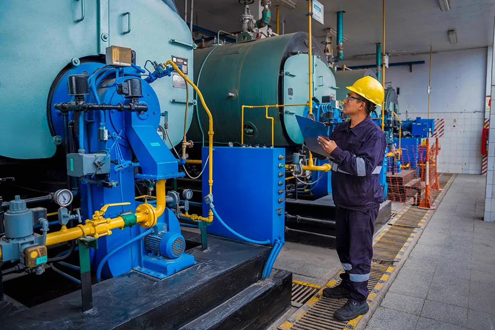 Técnico con casco y overol revisando una caldera y sus tuberías en una planta industrial